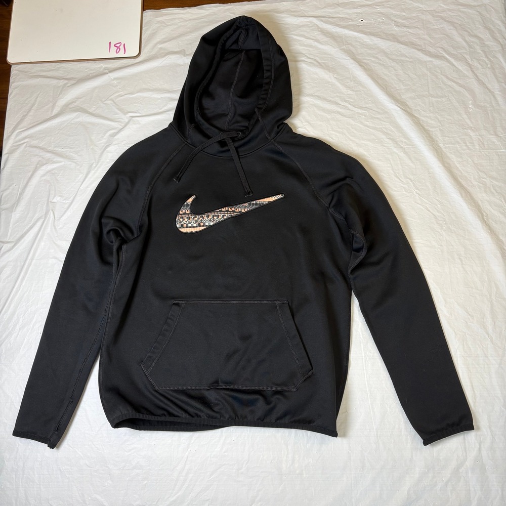 Nike Therma-FIT Hoodie Youth Small Black Pullover Patterned Swoosh Sportswear